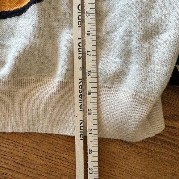 Originality Smiley Face Sweater XL Y2K Retro Checker Sleeves Beige Knit Pullover - Picture 5 of 6